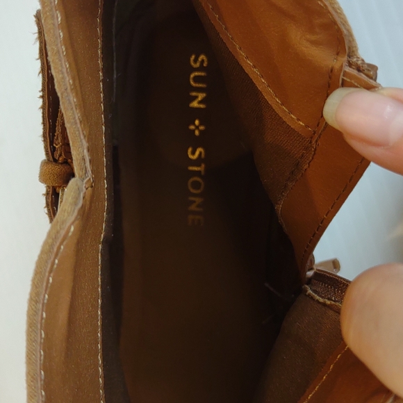 Sun + Stone Saandis Tan Slender Buckle Straps Block Heel Inner Ankle Zip Booties - Picture 8 of 15